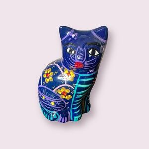 Vintage Hand Painted Ceramic Mexican Folk Art Talavera Cat Figurine With Flowers